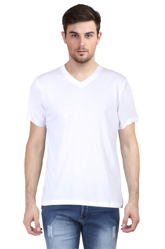 Men's V Neck T-shirt 100% Cotton Half Sleeves - White for Men's