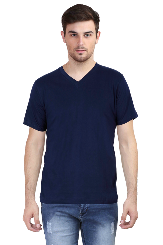 Men's V Neck T-shirt 100% Cotton Half Sleeves - Navy Blue for Men's