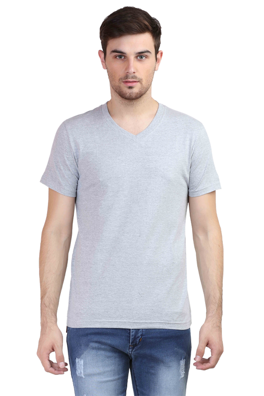 Men's V Neck T-shirt 100% Cotton Half Sleeves - Grey Melange for Men's