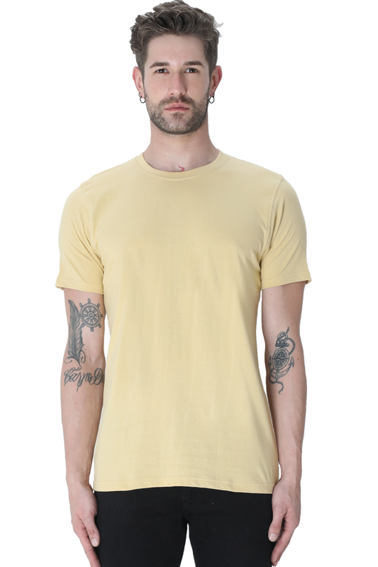 Men's Classic T-shirt 100% Cotton Round Neck Half Sleeves - Beige for Men