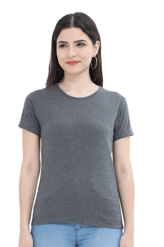 Women's & Girls Classic T-shirt 100% Cotton Round Neck Half Sleeves - Charcoal Melange