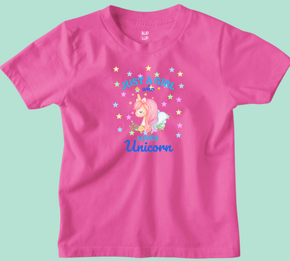 Just a Girl Who Loves Unicorn - Kids T-Shirt Regular Fit Cotton - 5 Colors - Girls