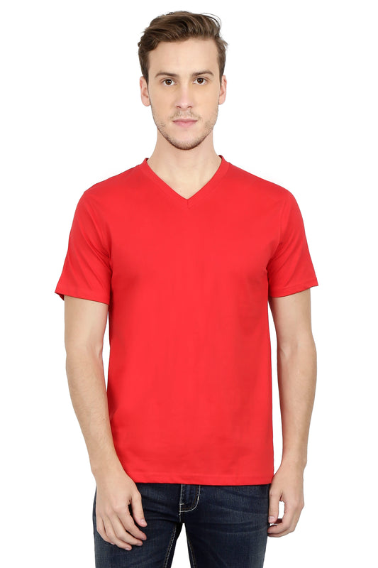 Men's V Neck T-shirt 100% Cotton Half Sleeves - Red for Men's